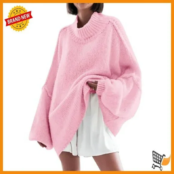 Oversized Mock Neck Batwing Sweater Ribbed Knit Tunic Pullover - Picture 2 of 8